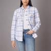 imageWallFlower Womens Taylor Essential French Terry Boyfriend Fleece Spring Summer and Fall Light Shacket JacketsBlue Tan Plaid
