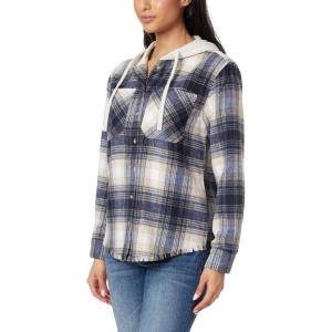 imageWallFlower Casual Fleece and Plaid Shackets Jackets Juniors for Women Soft ButtonDownNavyTanCream