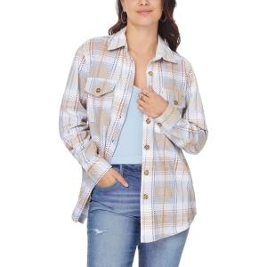 imageWallFlower Womens Taylor Essential French Terry Boyfriend Fleece Spring Summer and Fall Light Shacket JacketsBlue Beige Plaid