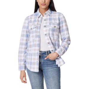 imageWallFlower Womens Taylor Essential French Terry Boyfriend Fleece Spring Summer and Fall Light Shacket JacketsBlue Tan Plaid