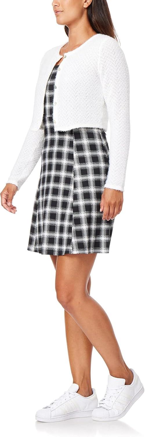 imageWallFlower Womens 2Piece Sweater and Dress Set Elegant Teacher LooksBlack and White Plaid  Ivory Cardigan