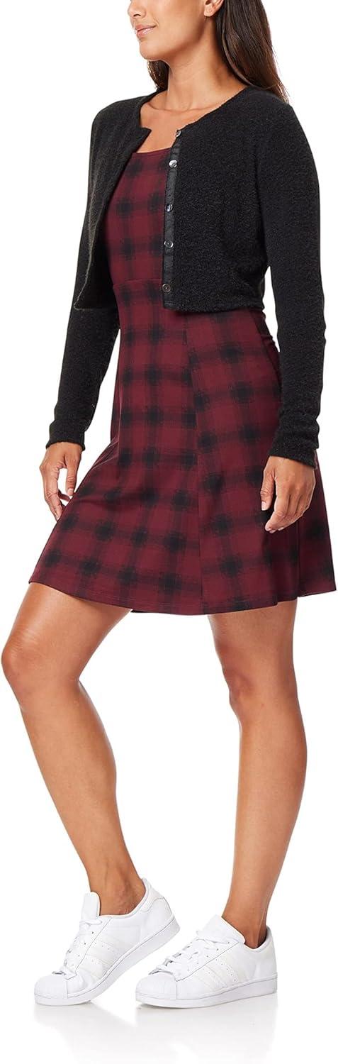imageWallFlower Womens 2Piece Sweater and Dress Set Elegant Teacher LooksBurgundy and Black Plaid  Black Cardigan