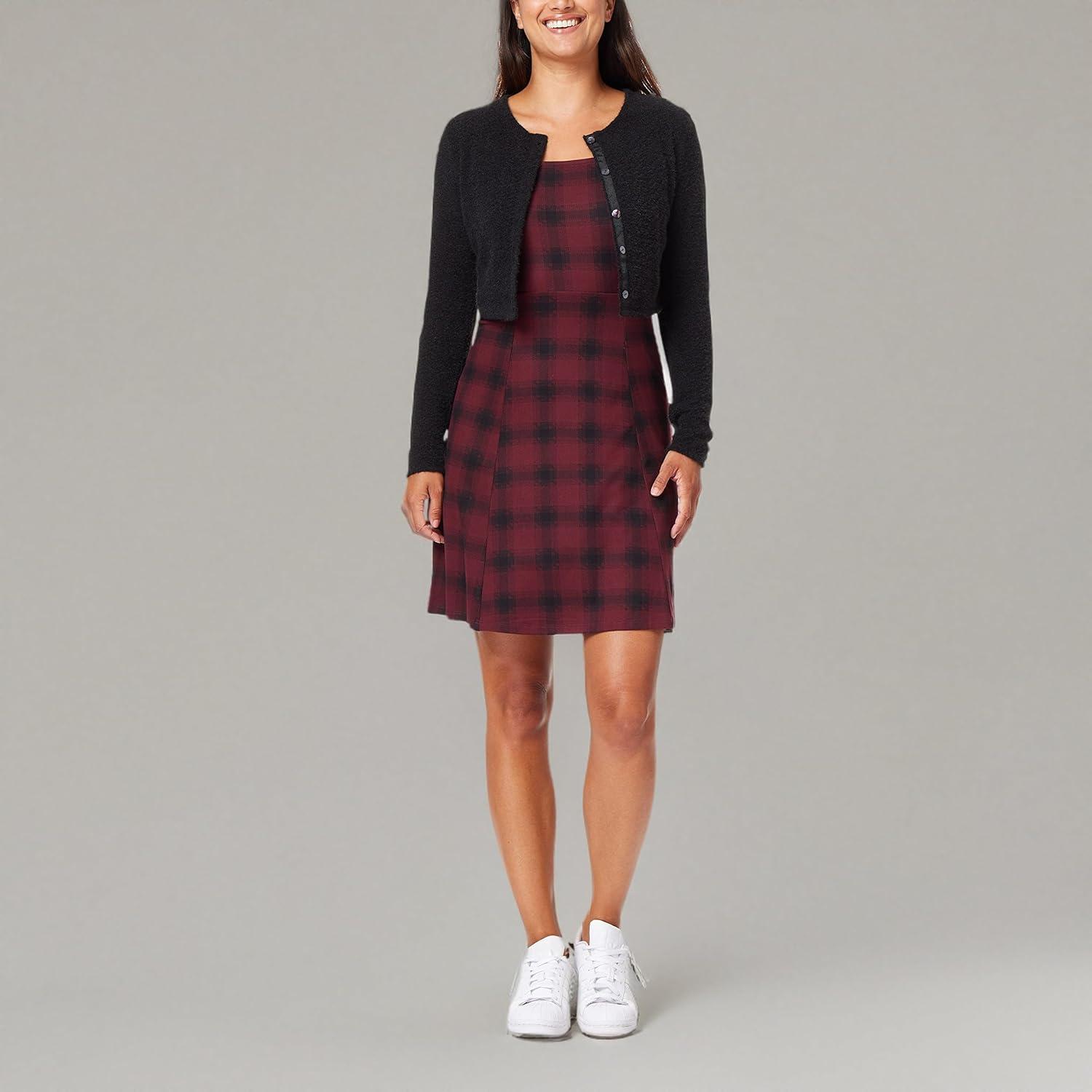 imageWallFlower Womens 2Piece Sweater and Dress Set Elegant Teacher LooksBurgundy and Black Plaid  Black Cardigan