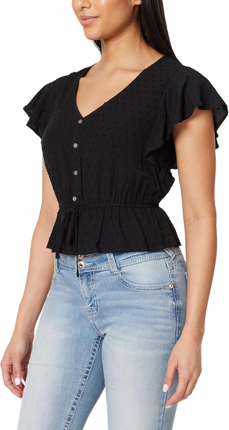 imageWallFlower Womens Adrianne Flutter Sleeve VNeck Rayon Challis Swiss Dot Peplum TopBlack Night