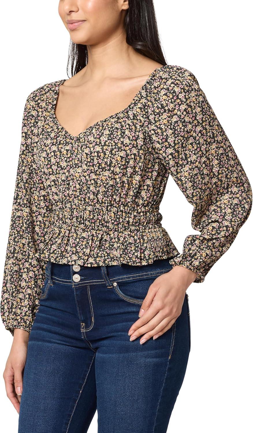 imageWallFlower Womens Alexandra Long Sleeve Sweetheart Blouse TopBlack Ditsy Floral