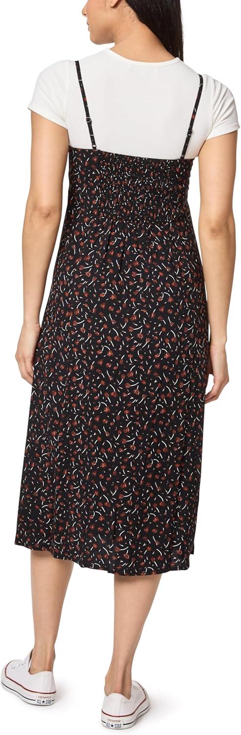 imageWallFlower Womens Annie 2 Piece Yummy Rib Short Sleeve Tee and Rayon Challis Midi Dress SetBlack Tulip BudSnow White