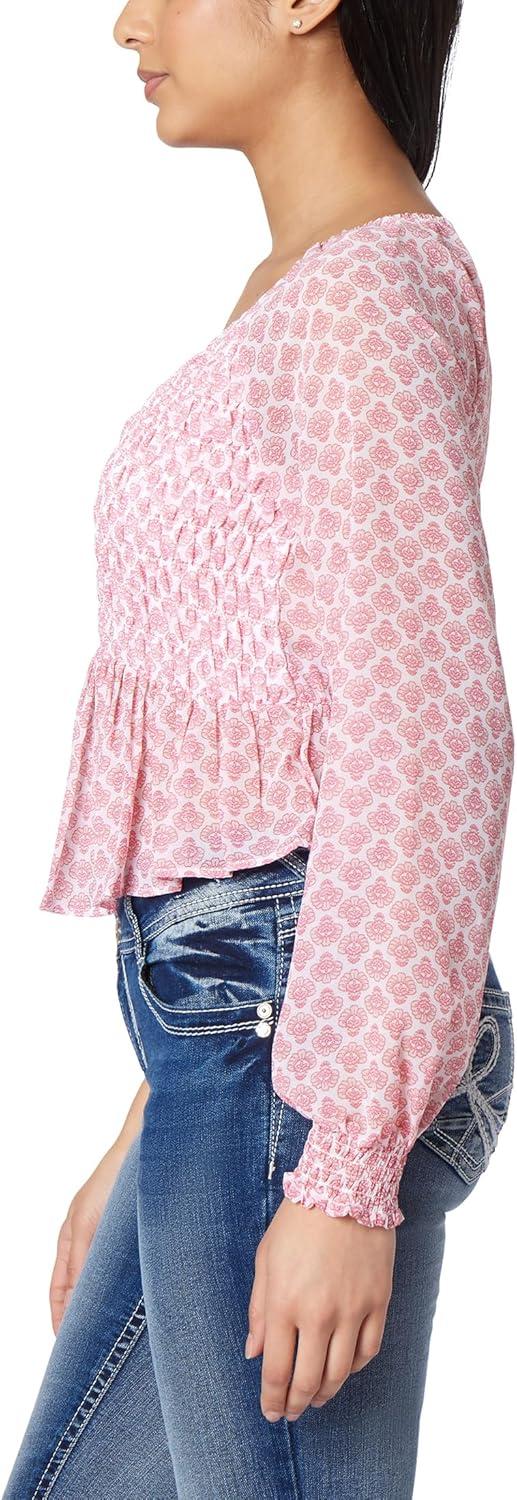 imageWallFlower Womens Boho Chiffon Long Sleeve Dressy Casual Blouses Shirts TopsPink