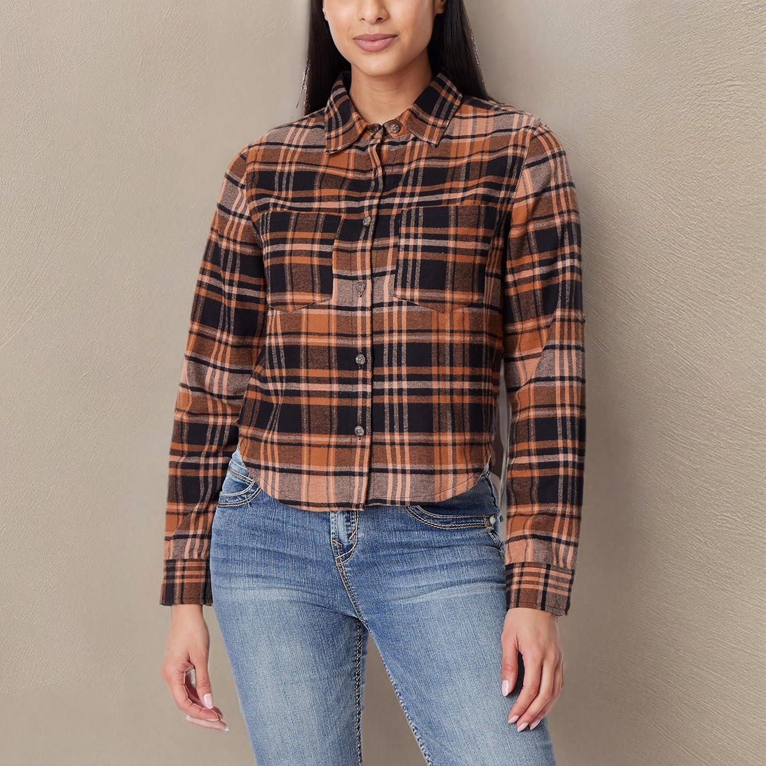 imageWallFlower Womens Bowery Brushed Cropped Cozy Flannel Boyfriend Trendy Spring Summer and Fall Light Button Down ShirtArgan Oil Brown Plaid