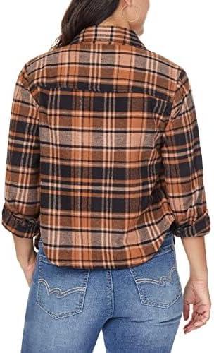 imageWallFlower Womens Bowery Brushed Cropped Cozy Flannel Boyfriend Trendy Spring Summer and Fall Light Button Down ShirtArgan Oil Brown Plaid