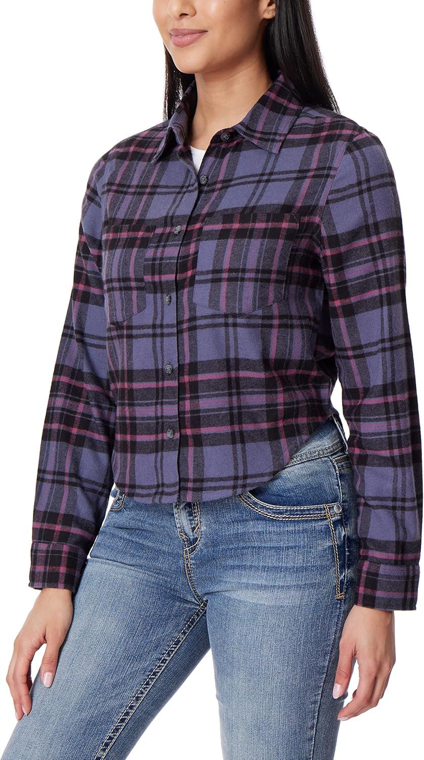 imageWallFlower Womens Bowery Brushed Cropped Cozy Flannel Boyfriend Trendy Spring Summer and Fall Light Button Down ShirtGrisaille Grey