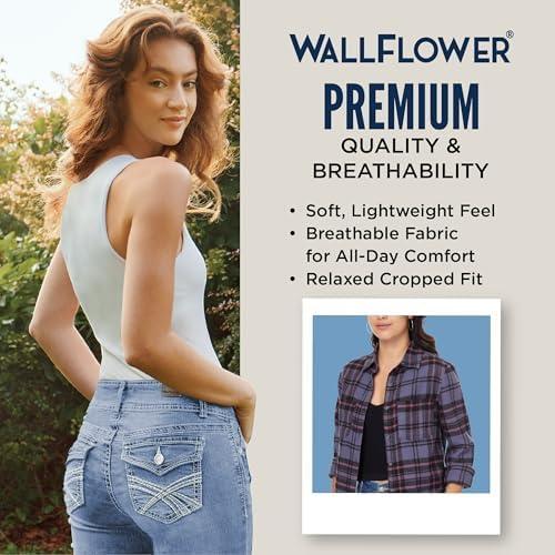 imageWallFlower Womens Bowery Brushed Cropped Cozy Flannel Boyfriend Trendy Spring Summer and Fall Light Button Down ShirtGrisaille Grey