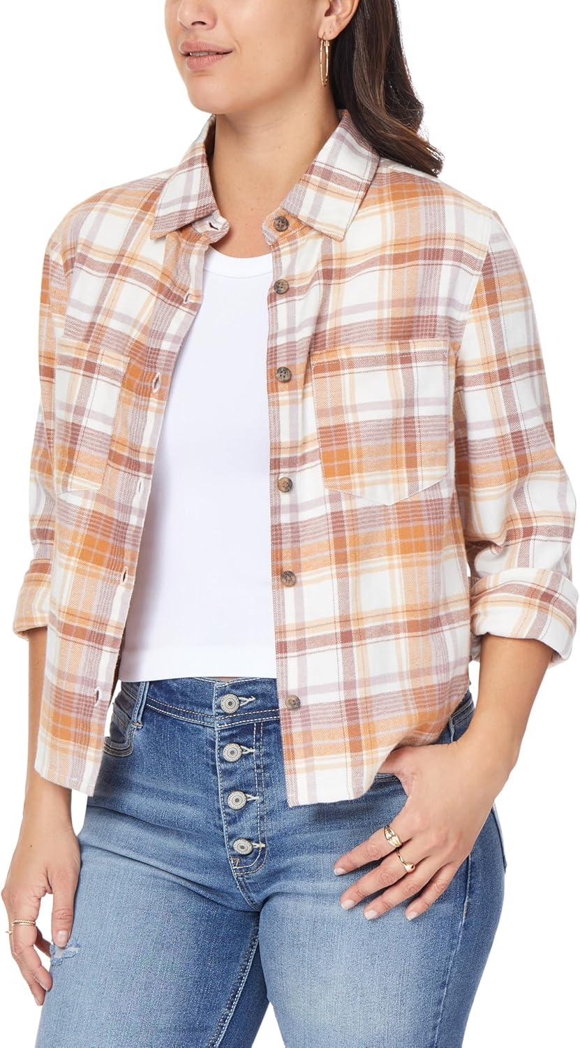 imageWallFlower Womens Bowery Brushed Cropped Cozy Flannel Boyfriend Trendy Spring Summer and Fall Light Button Down ShirtLavender Plaid