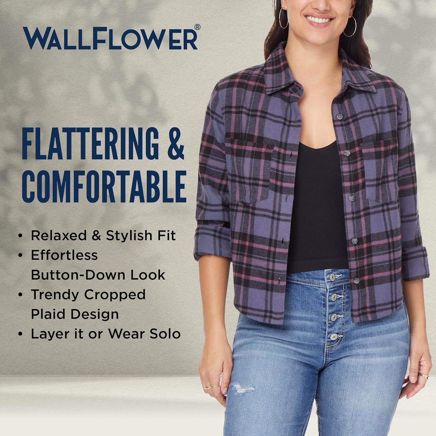 imageWallFlower Womens Bowery Brushed Cropped Cozy Flannel Boyfriend Trendy Spring Summer and Fall Light Button Down ShirtLavender Plaid