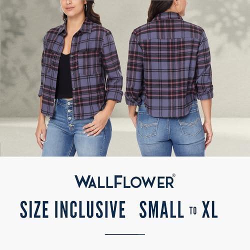 imageWallFlower Womens Bowery Brushed Cropped Cozy Flannel Boyfriend Trendy Spring Summer and Fall Light Button Down ShirtMahogany Black Plaid