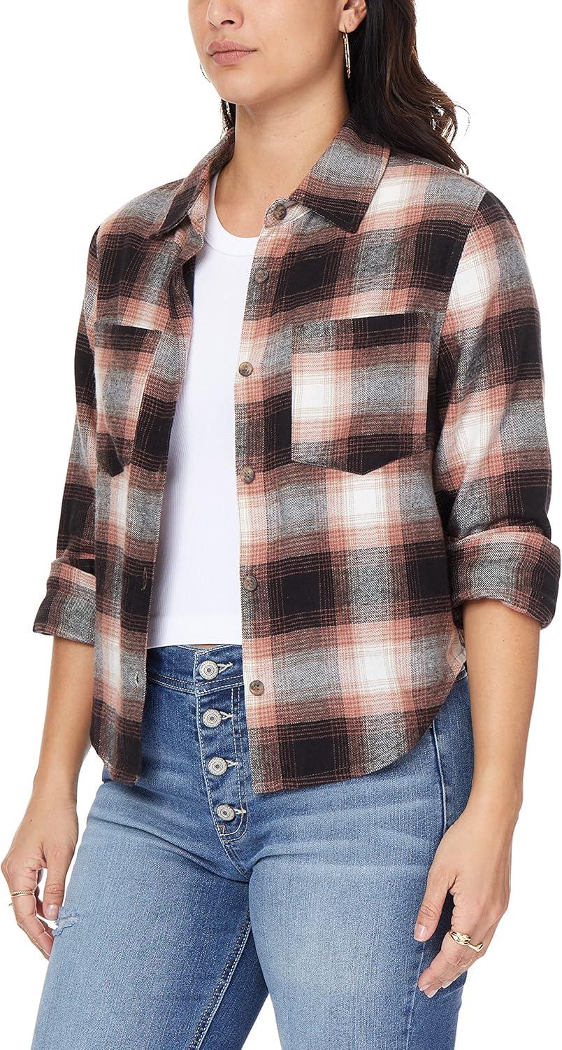imageWallFlower Womens Bowery Brushed Cropped Cozy Flannel Boyfriend Trendy Spring Summer and Fall Light Button Down ShirtMahogany Black Plaid