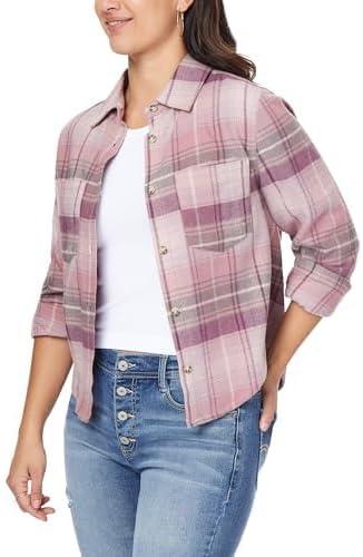 imageWallFlower Womens Bowery Brushed Cropped Cozy Flannel Boyfriend Trendy Spring Summer and Fall Light Button Down ShirtNirvana Purple Plaid