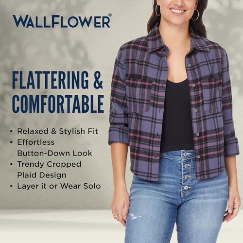 imageWallFlower Womens Bowery Brushed Cropped Cozy Flannel Boyfriend Trendy Spring Summer and Fall Light Button Down ShirtNirvana Purple Plaid
