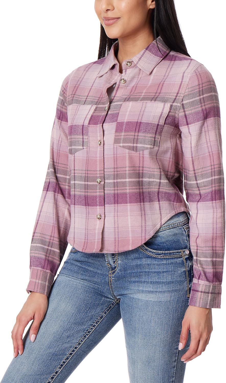 imageWallFlower Womens Bowery Brushed Cropped Cozy Flannel Boyfriend Trendy Spring Summer and Fall Light Button Down ShirtNirvana Purple Plaid