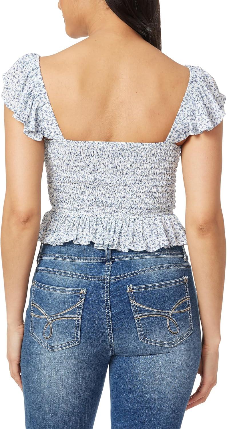 imageWallFlower Womens Brandy Ruffle Strap Smocked Rayon Challis TopBright White Ditsy Floral