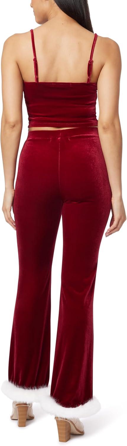 imageWallFlower Womens Ginger Christmas Fur Trimmed Luxe Velour Cropped Cami and Flare Pant SetRed
