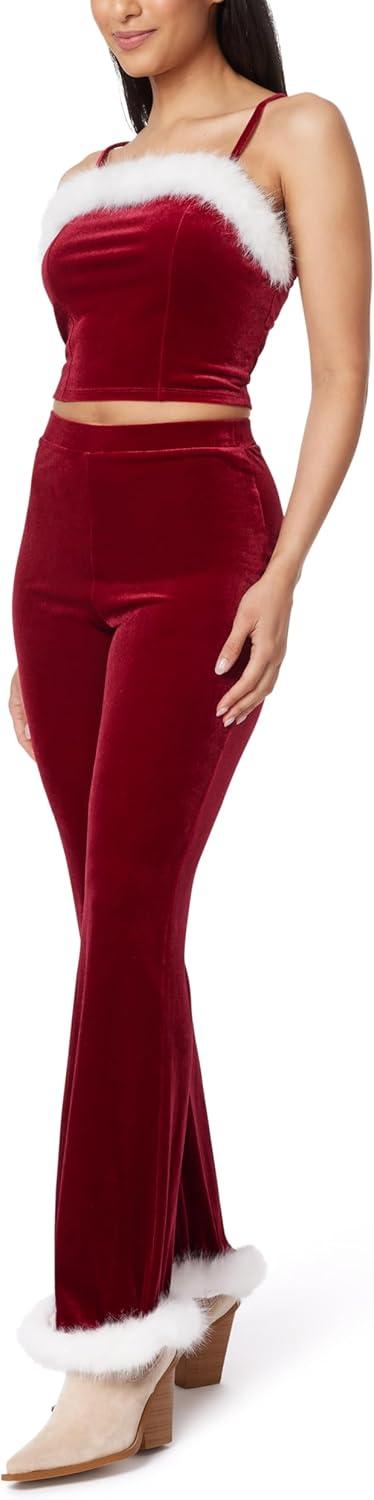 imageWallFlower Womens Ginger Christmas Fur Trimmed Luxe Velour Cropped Cami and Flare Pant SetRed