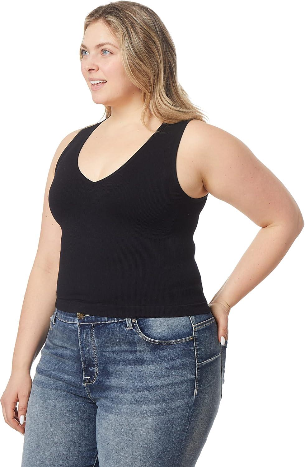 imageWallFlower Womens Insta Smooth Seamless Tank Top 2Pack Standard and PlusBlackWhite Vneck