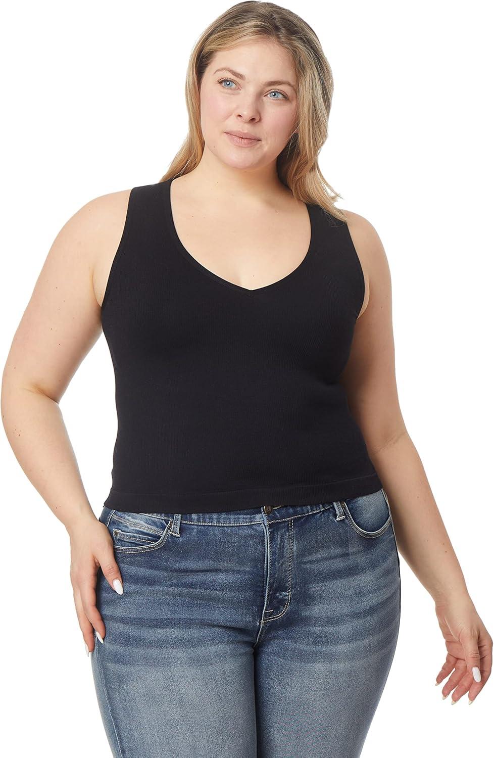 imageWallFlower Womens Insta Smooth Seamless Tank Top 2Pack Standard and PlusBlackWhite Vneck