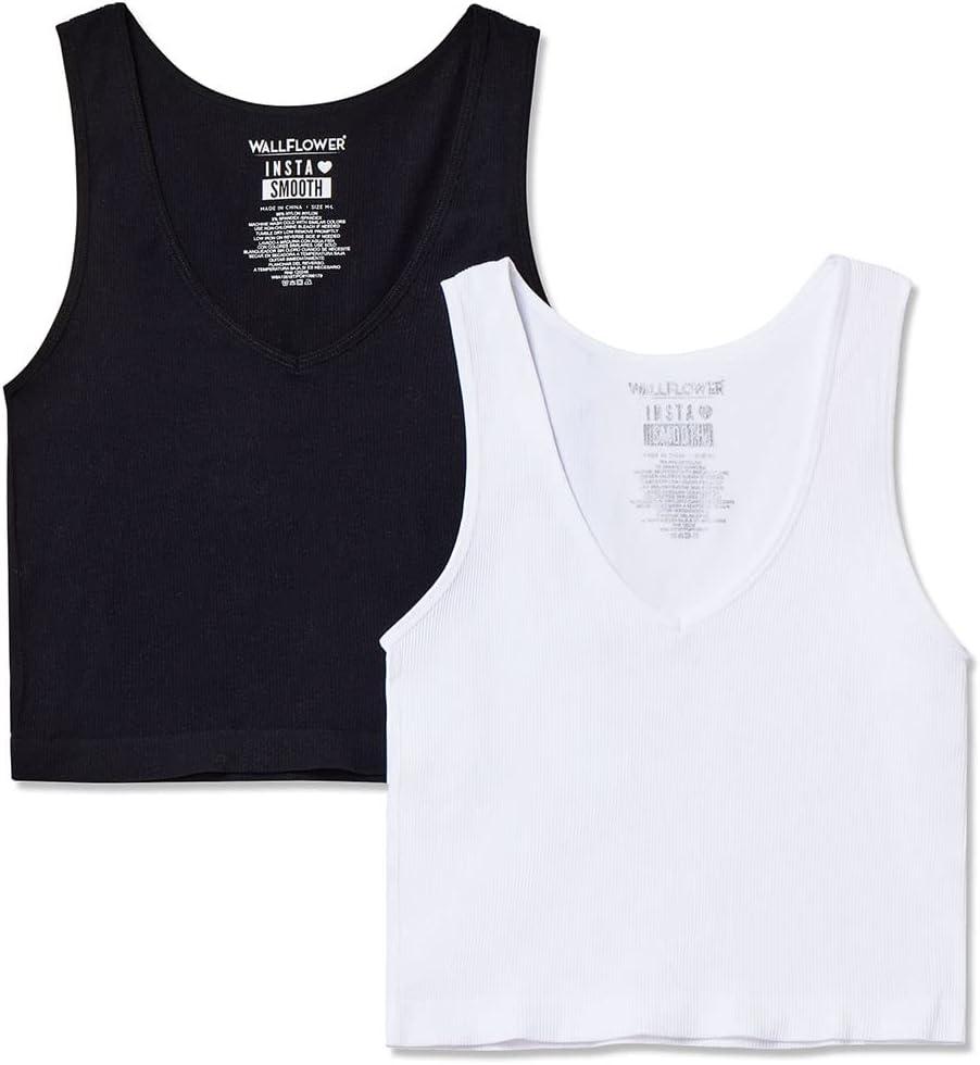 imageWallFlower Womens Insta Smooth Seamless Tank Top 2Pack Standard and PlusBlackWhite Vneck