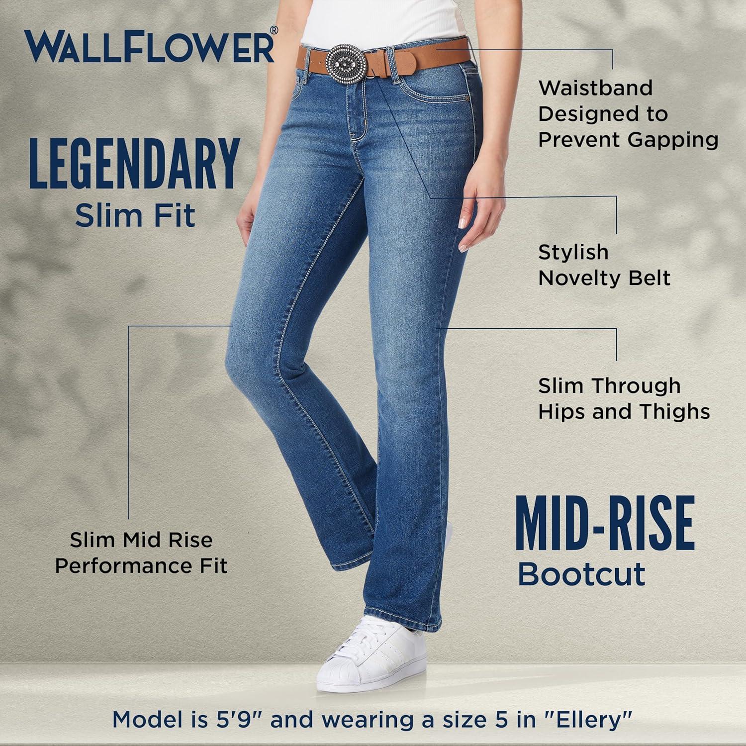 imageWallFlower Womens Legendary Slim Bootcut MidRise Belted Insta Stretch Juniors Jeans Standard and PlusKyle