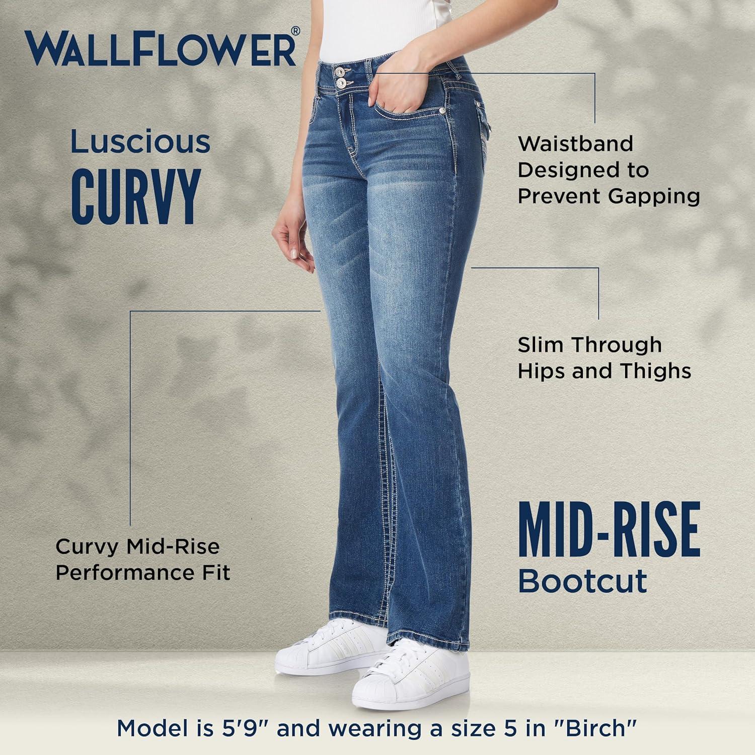 imageWallFlower Womens Luscious Curvy Bootcut MidRise Bling Insta Stretch Juniors Jeans Standard and PlusDenver