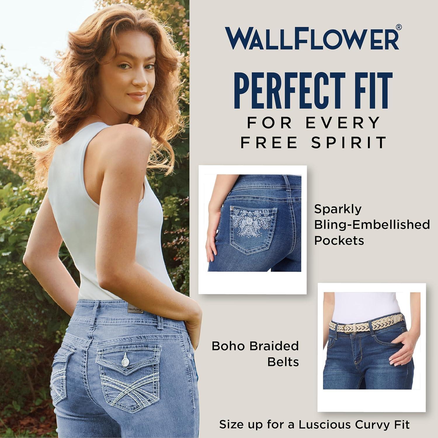 imageWallFlower Womens Luscious Curvy MidRise Denim Insta Stretch Juniors Belted 3quot Shorts ampamp 9quot Bermuda Sizes 0 to 249 Yves Belted Bermuda