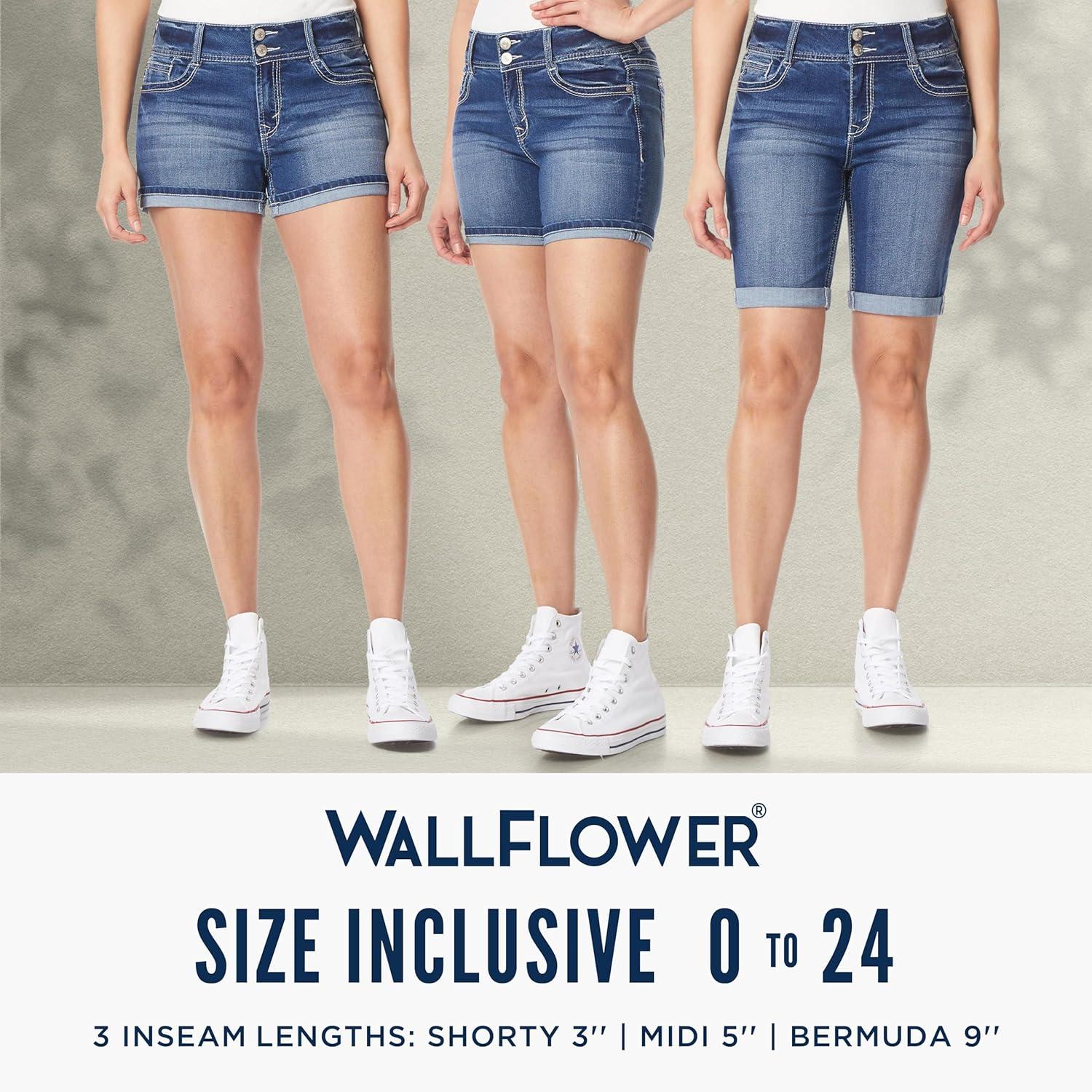 imageWallFlower Womens Luscious Curvy MidRise Denim Insta Stretch Juniors Belted 3quot Shorts ampamp 9quot Bermuda Sizes 0 to 249 Yves Belted Bermuda