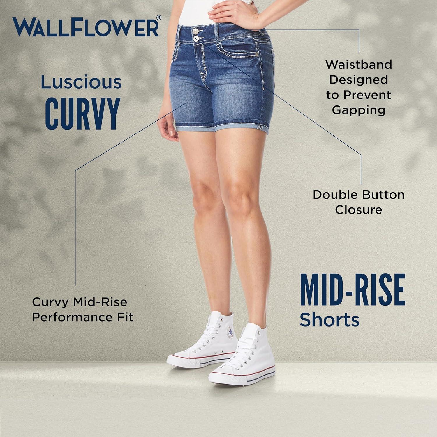 imageWallFlower Womens Luscious Curvy MidRise Denim Insta Stretch Juniors Belted 3quot Shorts ampamp 9quot Bermuda Sizes 0 to 249 Yves Belted Bermuda