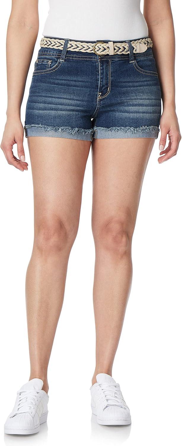 imageWallFlower Womens Luscious Curvy MidRise Denim Insta Stretch Juniors Belted 3quot Shorts ampamp 9quot Bermuda Sizes 0 to 24Alani Belted Short