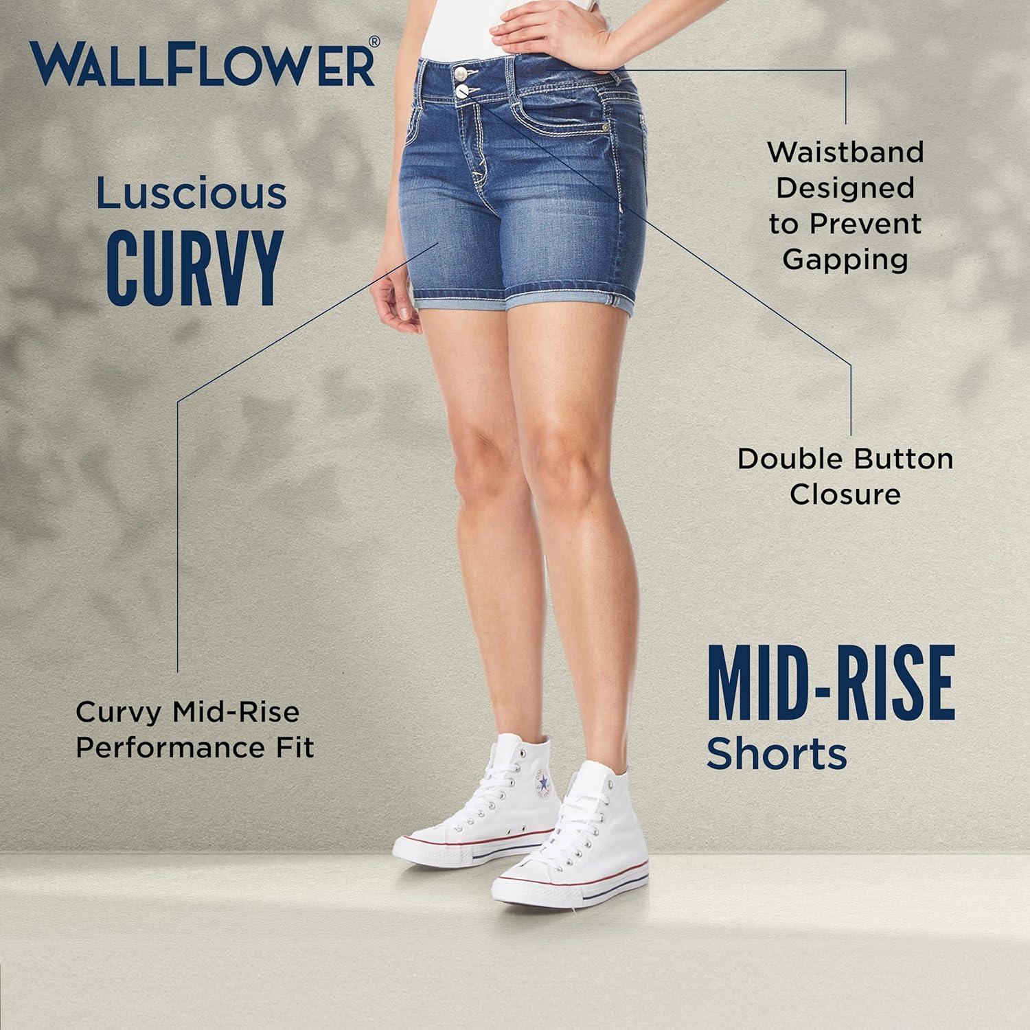 imageWallFlower Womens Luscious Curvy MidRise Denim Insta Stretch Juniors Belted 3quot Shorts ampamp 9quot Bermuda Sizes 0 to 24White Belted Short