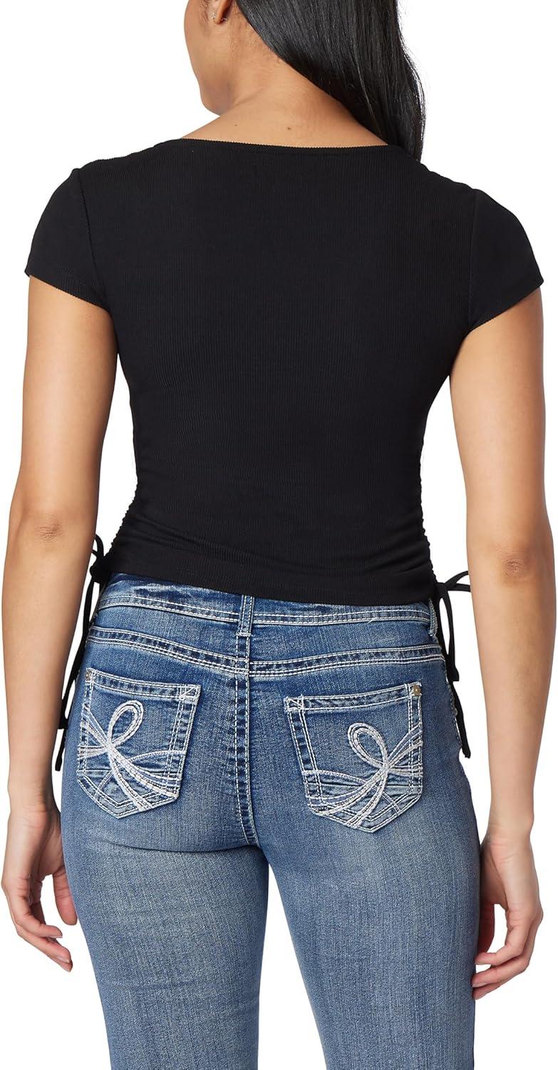 imageWallFlower Womens Madeline Short Sleeve VNeck Yummy Rib Top with Ruched SidesBlack Night