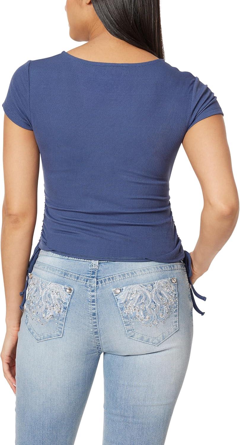 imageWallFlower Womens Madeline Short Sleeve VNeck Yummy Rib Top with Ruched SidesCrown Blue