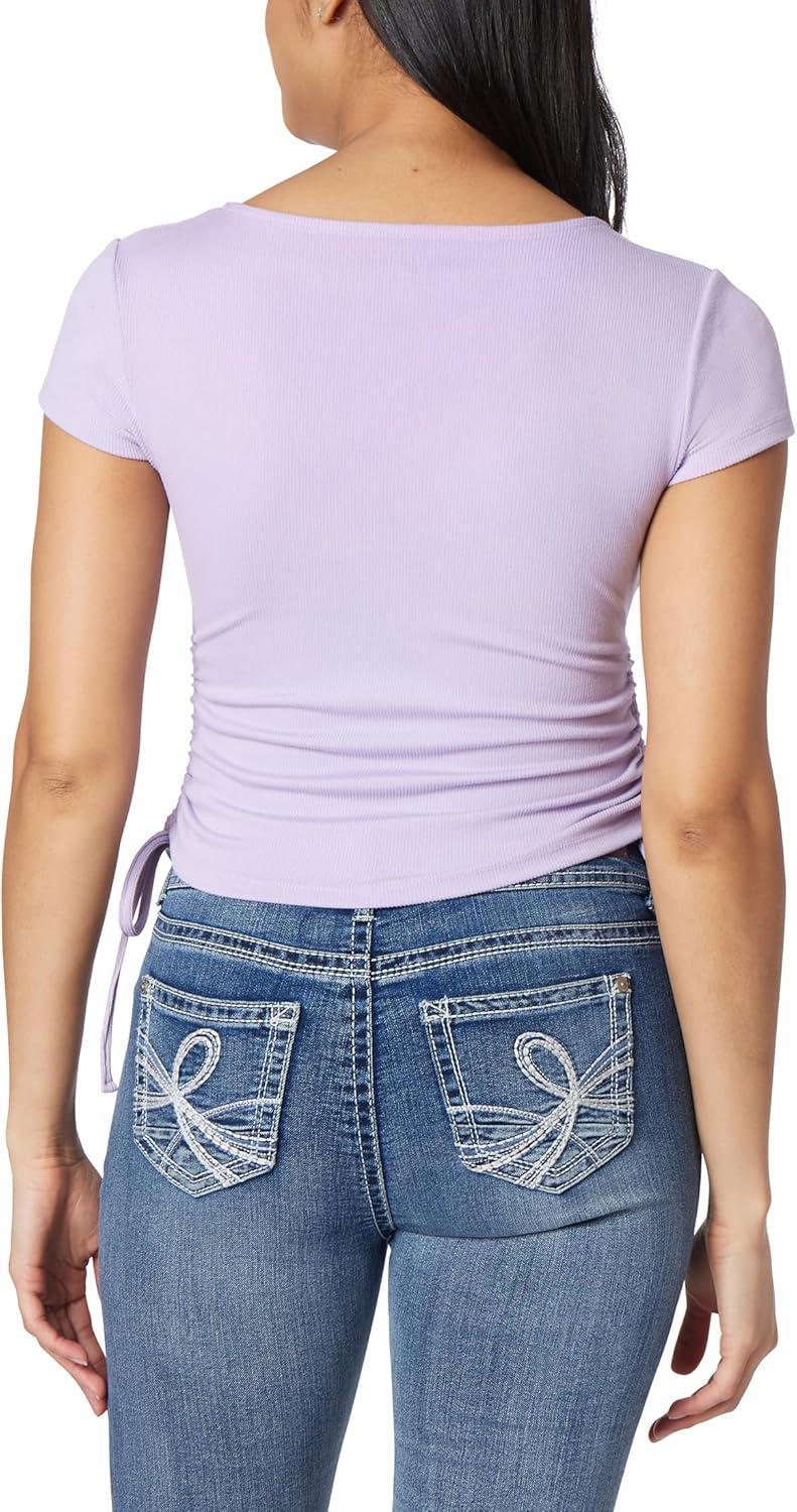 imageWallFlower Womens Madeline Short Sleeve VNeck Yummy Rib Top with Ruched SidesPurple Rose