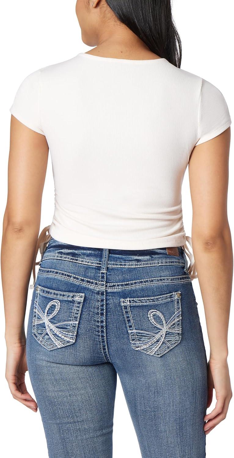 imageWallFlower Womens Madeline Short Sleeve VNeck Yummy Rib Top with Ruched SidesSnow White