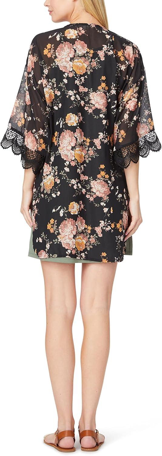 imageWallFlower Womens Sleeveless Swing Dress ampamp Printed Kimono SetBlack Classic Floral With Green Dress
