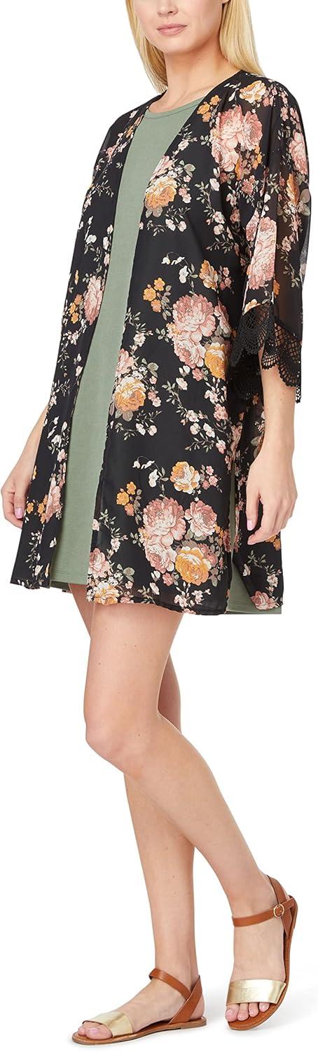 imageWallFlower Womens Sleeveless Swing Dress ampamp Printed Kimono SetBlack Classic Floral With Green Dress