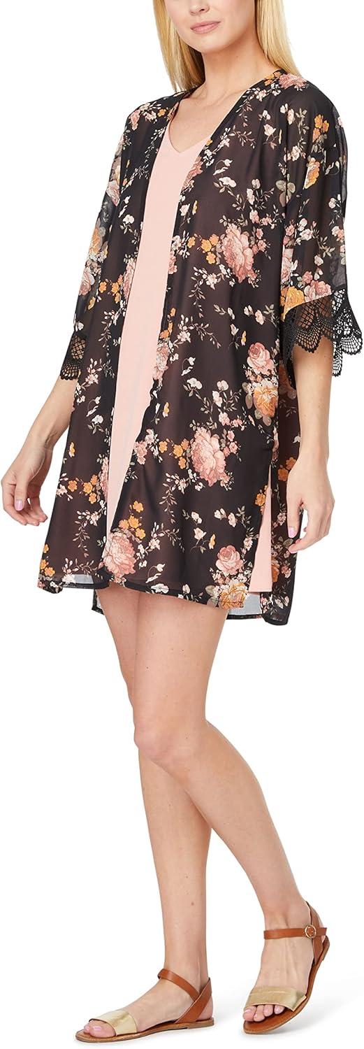 imageWallFlower Womens Sleeveless Swing Dress ampamp Printed Kimono SetBlack Classic Floral With Pink Dress