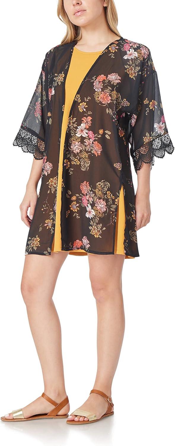 imageWallFlower Womens Sleeveless Swing Dress ampamp Printed Kimono SetBlack Romantic Floral With Yellow Dress