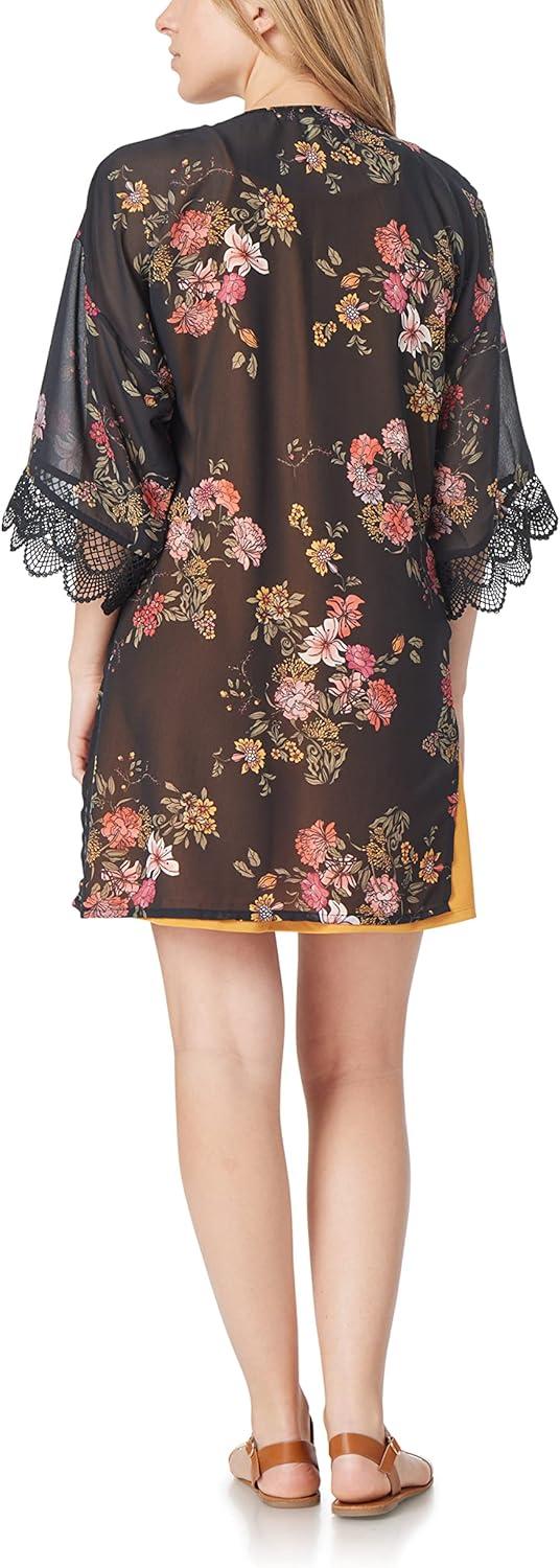 imageWallFlower Womens Sleeveless Swing Dress ampamp Printed Kimono SetBlack Romantic Floral With Yellow Dress