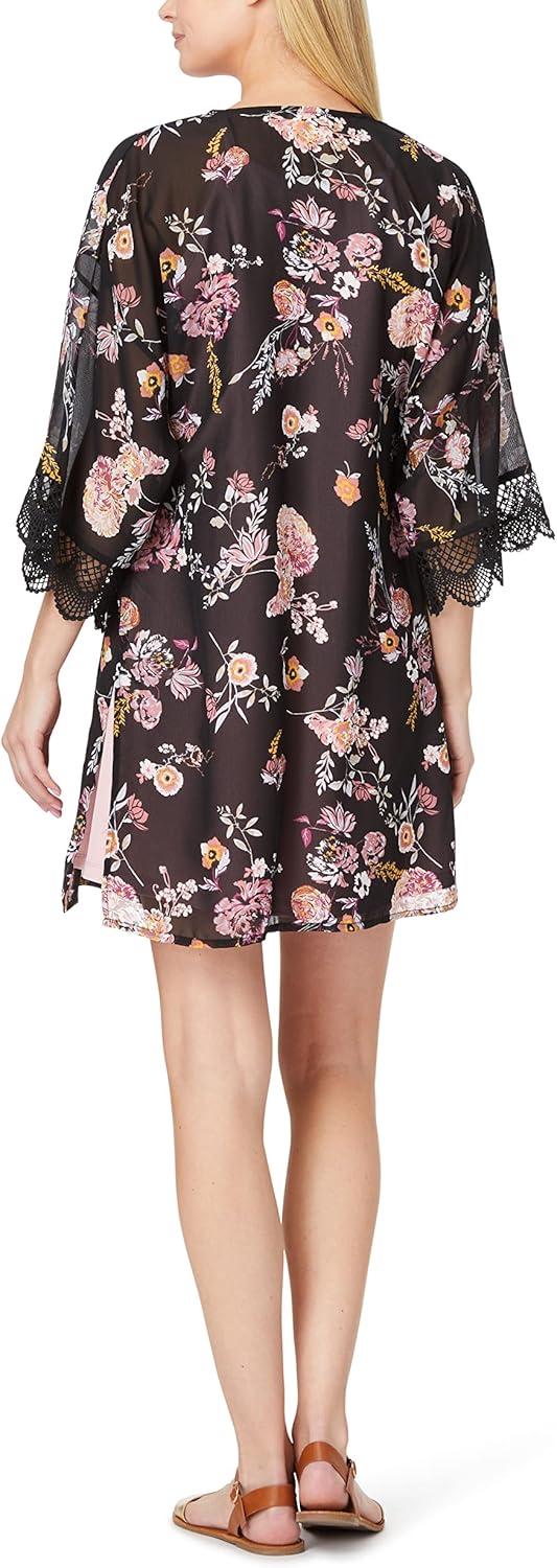 imageWallFlower Womens Sleeveless Swing Dress ampamp Printed Kimono SetBlack Vintage Floral With Pink Dress