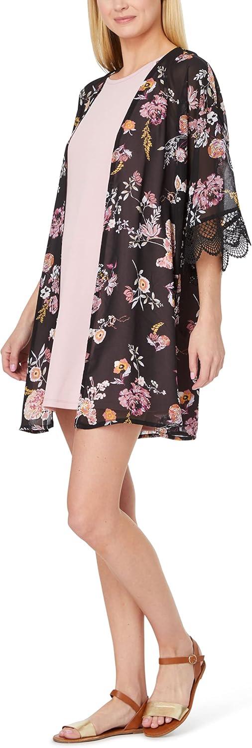 imageWallFlower Womens Sleeveless Swing Dress ampamp Printed Kimono SetBlack Vintage Floral With Pink Dress