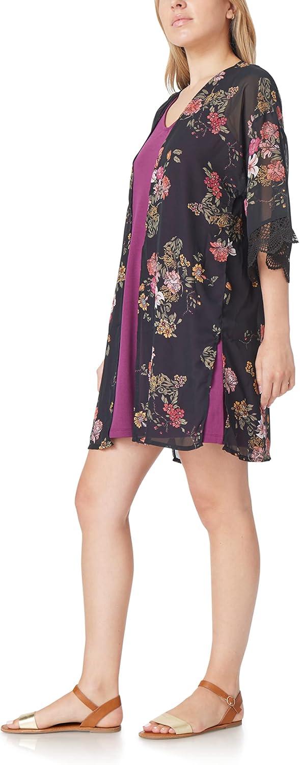 imageWallFlower Womens Sleeveless Swing Dress ampamp Printed Kimono SetBlack Vintage Floral With Purple Dress