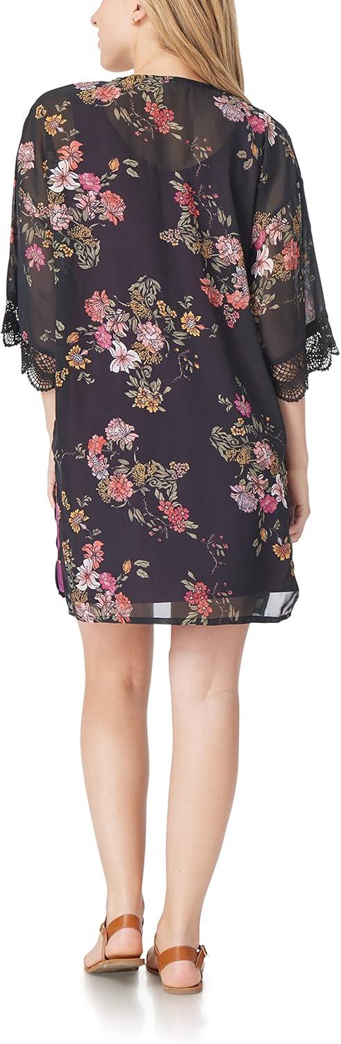 imageWallFlower Womens Sleeveless Swing Dress ampamp Printed Kimono SetBlack Vintage Floral With Purple Dress
