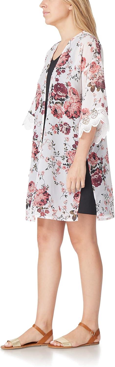 imageWallFlower Womens Sleeveless Swing Dress ampamp Printed Kimono SetWhite Classic Floral With Black Dress