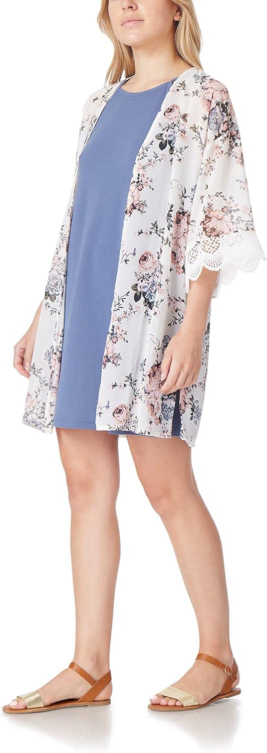 imageWallFlower Womens Sleeveless Swing Dress ampamp Printed Kimono SetWhite Classic Floral With Blue Dress